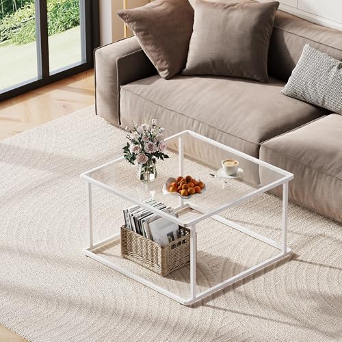 Coffee Table, Glass Coffee Table for Living Room, Modern Small Coffee Table with Tempered Glass & Metal Frame, Square Center Table for Small Spaces Apartment, Office, 26.4 x 26.4in, White