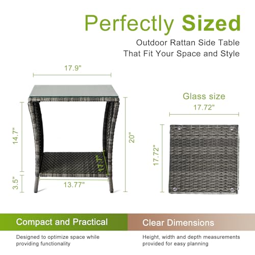 Rattan Outdoor Side Table with Glass Top & Storage Shelf | Small end coffee table, versatile outdoor furniture for patio, porch, backyard and balcony