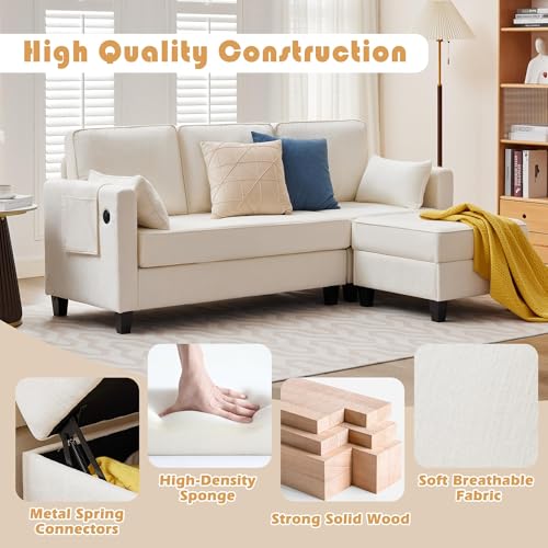 Small Sectional Couches with Storage, 80" L Shaped Sectional Couch with Chaise & Ottoman, Modular Corduroy Chenille Sofa with USB Ports&Pocket for Living Room Apartment Office (Chenille White)