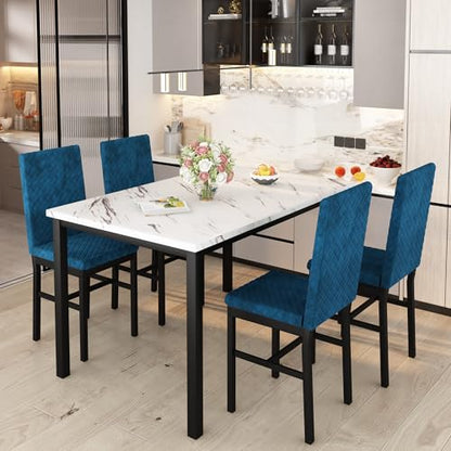Dining Table Set for 4, Kitchen Table and Chairs Set of 4 Modern Faux Marble Dinner Tabletop with Upholstered Velvet Chairs for Apartment Small Space