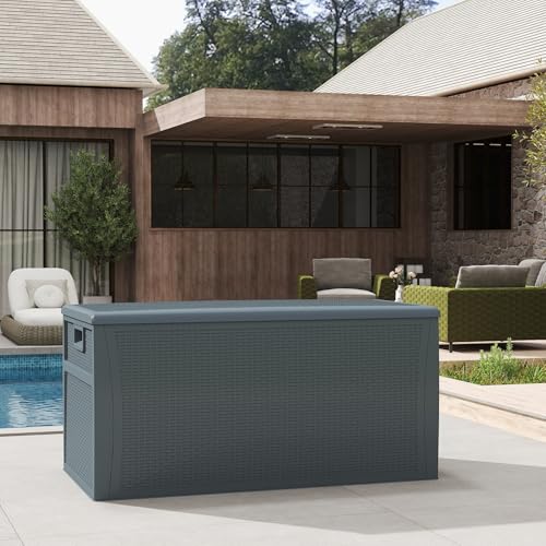 100 Gallon Resin Deck Box Waterproof Outdoor Storage Box and Patio Furniture Side Table for Pool Accessories, Gardening Tools, Outdoor Indoor Cushions, Lockable, UV Resistant