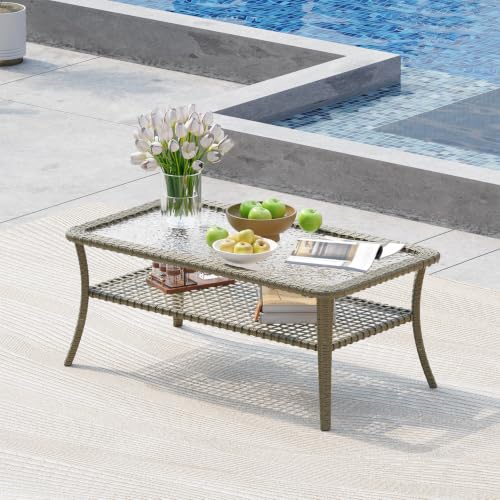 Outdoor Coffee Table with Storage Wicker Patio Coffee Table, All-Weather Tempered Glass Top Coffee Table for Patio Furniture Set for Balcony, Garden, Deck, Backyard, Black