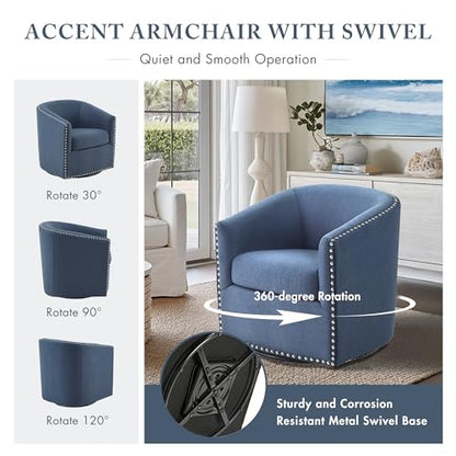 Swivel Barrel Accent Chair, Upholstered Curved Back with 7-Inch Thick Woven Cushion, 360° Swivel, Nailhead Trim, Comfy Chair for Living Room, Bedroom, Office, 28" Wide, Blue, Tyler