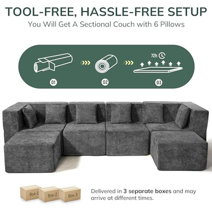 Modular Sectional Cloud Couch for Living Room - 130'' 6 Seater Convertible Chenille Couches Set with Ottoman, No Assembly Compression Sofas, Comfy Floor Sofa with Memory Foam, Grey