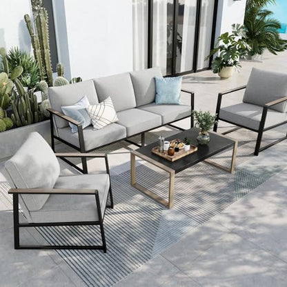 5 Seats Patio Furniture Sets, Olefin-Filled Textilene Fabric Backrest Outdoor Conversation Sets with Coffee Table, 4 Pieces Metal Frame Outdoor Sectional Sofa Sets for Garden, Backyard(Grey)