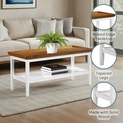 Ledgewood Coffee Table 42" - Modern Center Room Accent with Storage Shelf for Transitional, Traditional Living & Family Room, Driftwood/White