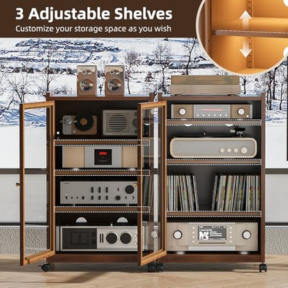 Media Cabinet with LED Lights and Glass Door, Metal Stereo Cabinet Brown, view 5