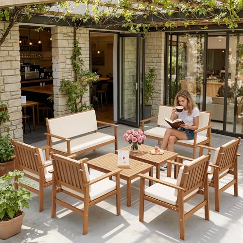 8 Piece Outdoor Furniture Set, Outdoor Table and Chairs with Comfy Cushions, Acacia Wood Patio Furniture for Porch, Patio, Garden, Poolside
