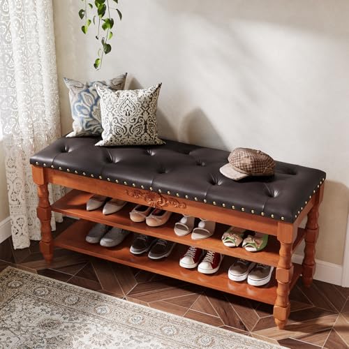 Tribesigns Solid Wood Shoe Bench with Cushion 2 Tier Lift Top, Storge Shoe Bench with Rack for Entryway, 8-10 Pair Shoe Organizer with Hidden Compartment for Hallway, Bedroom, Living Room