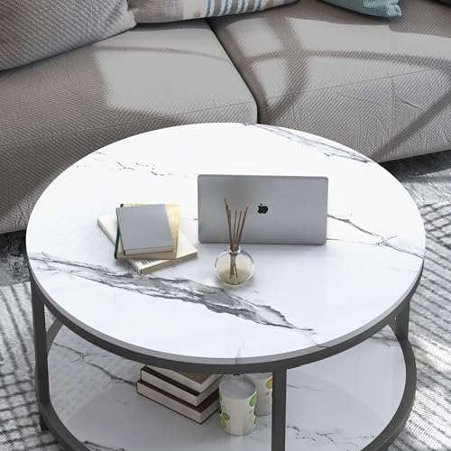 Round Coffee Table 33.5" Coffee Tables for Living Room High Glossy Faux White Marble Top Modern Circle Table Sturdy Metal Frame Legs Cocktail Table with Storage Open Shelf