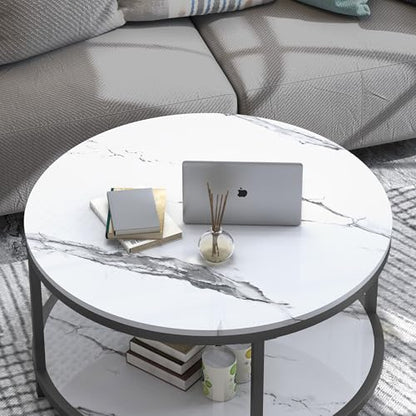 Round Coffee Table 33.5" Coffee Tables for Living Room High Glossy Faux White Marble Top Modern Circle Table Sturdy Metal Frame Legs Cocktail Table with Storage Open Shelf