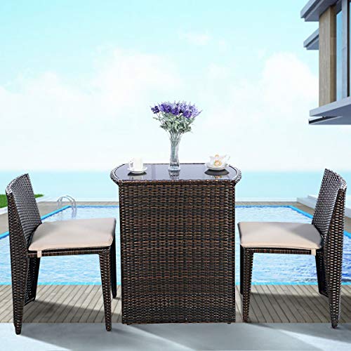 3 PCS Cushioned Outdoor Wicker Patio Set Convention Bistro Set Garden Lawn Space Saving Conversation Sofa Furniture No Assembly (Brown)