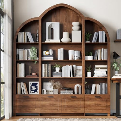 Arched Triple Wide Bookshelf, 84'' H Large Bookcase with 15 Cubby Storage, view 2