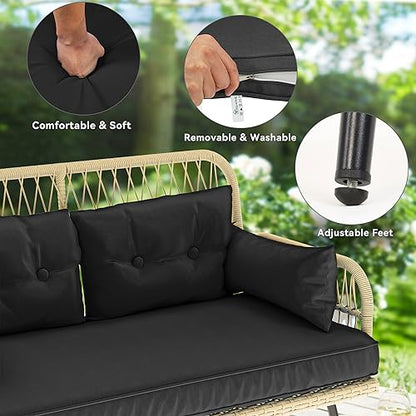 2-Piece Patio Furniture Wicker Outdoor Loveseat, All-Weather Rattan Conversation for Backyard, Balcony and Deck with Soft Cushions and SideTable (Light Brown+Black)