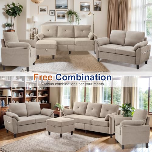 4 PCS Living Room Furniture Set, 3 Seat Couch & Loveseat & Armchair with Storage Ottoman, Modern Couch Set with Side Pockets, Couches for Living Room (3+2+1 Seat/Beige)