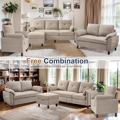 4 PCS Living Room Furniture Set, 3 Seat Couch & Loveseat & Armchair with Storage Ottoman, Modern Couch Set with Side Pockets, Couches for Living Room (3+2+1 Seat/Beige)