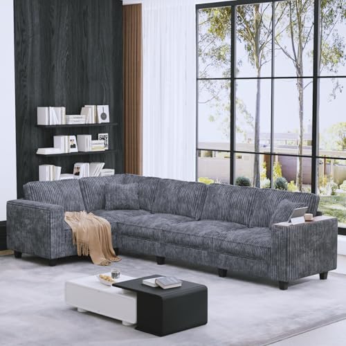 97” Modular Sectional Sofa Corduroy Couch Sectional with 2 Pillows Oversized Sectional Sofa L Shaped Couch Armrests with Two Hidden Storage Space Sectional Couches for Living Room Grey