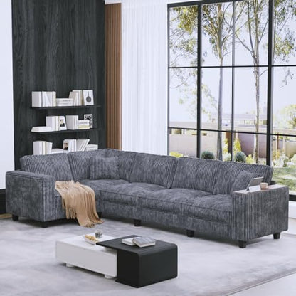 97” Modular Sectional Sofa Corduroy Couch Sectional with 2 Pillows Oversized Sectional Sofa L Shaped Couch Armrests with Two Hidden Storage Space Sectional Couches for Living Room Grey