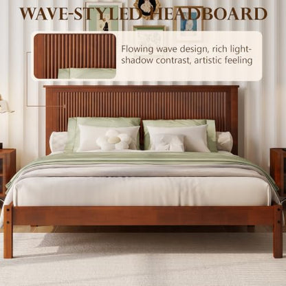 JIVOIT Queen Size Solid Rubber Wood Platform Bed with Wave-Styled Headboard | Bed Frame, Central Support Beams, Reinforced Platform Feet, Underbed Storage Space, Wood Slats Support, Bedroom