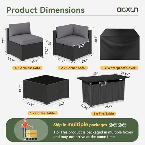 8 Piece Patio Furniture Set with 44" Fire Pit Table Wicker Rattan Sectional Sofa Outdoor Seating with Thickened Cushion, Grey