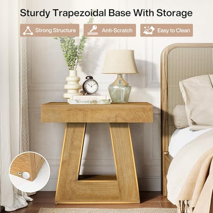 Tribesigns 24" Modern Side Table, 2-Tier Narrow Wooden End Table with Trapezoid Base, Farmhouse Small Nightstand for Living Room, Bedroom, Natural Wood Color