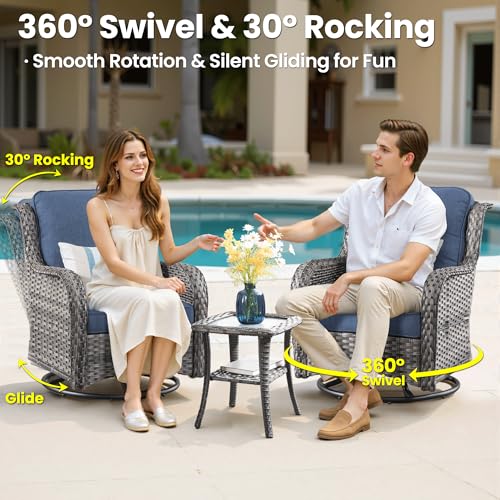 5-Piece Patio Furniture Set with Swivel Chairs Side Table, Outdoor Wicker Sofa with 42" Fire Pit Table, High Back Couch Modern Conversation Sets, Grey/Denim Blue