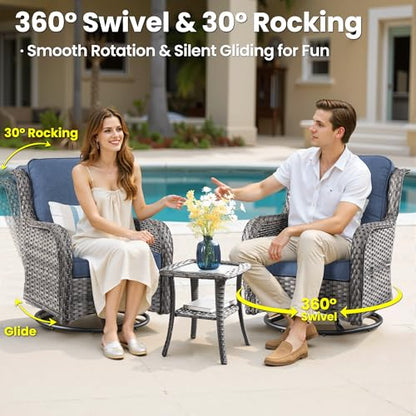 5-Piece Patio Furniture Set with Swivel Chairs Side Table, Outdoor Wicker Sofa with 42" Fire Pit Table, High Back Couch Modern Conversation Sets, Grey/Denim Blue