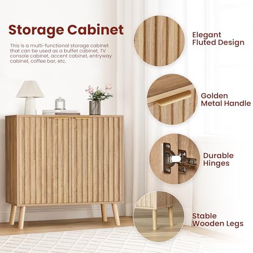 Fluted Storage Cabinet, Sideboard Buffet with Doors and Shelf, Wooden Console Table & Credenza, Multifunctional Entryway Cabinet for Living Room, Dining Room (Natural)