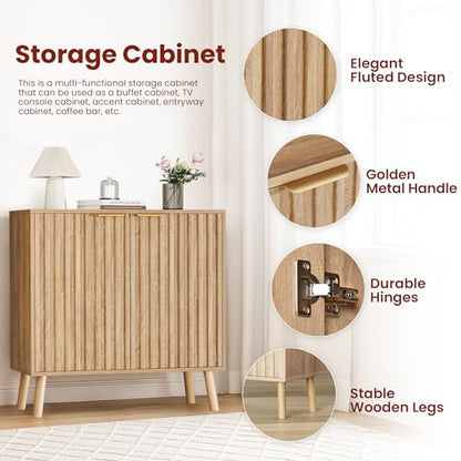 Fluted Storage Cabinet, Sideboard Buffet with Doors and Shelf, Wooden Console Table & Credenza, Multifunctional Entryway Cabinet for Living Room, Dining Room (Natural)