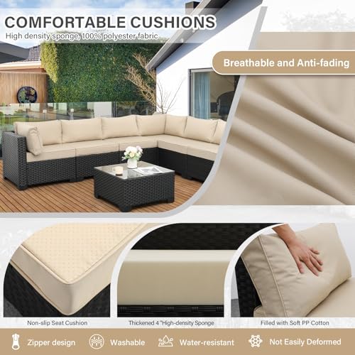 7 Pieces Outdoor Wicker Furniture Conversation Set Patio Sectional Sofa Set Glass Table with Non-Slip Cushions Furniture Cover, Khaki