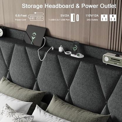 Full Size Bed Frame with 4 Storage Drawers and Charging Station, view 5