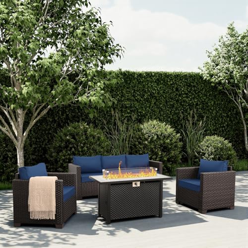 4 Piece Patio Furniture Set 45 Inches Fire Pit Table Outdoor Furniture Sets Patio Couch Outdoor Chairs 50000 BTU Propane Fire Pit with No-Slip Cushions and Waterproof Covers, Navy Blue