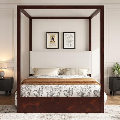 Queen Size Canopy Platform Bed with Upholstered Headboard, Two-Tone Wood Frame, view 2