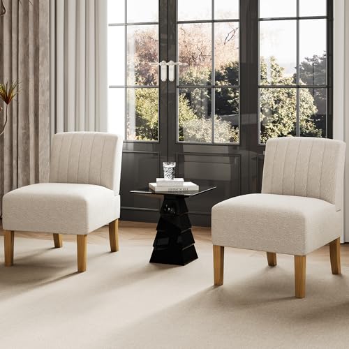 Armless Accent Chairs Set of 2 for Bedroom, Bedroom Chair for Bedroom Living Room Chair with Solid Wood Legs, Makeup Vanity Chair Fabric Comfy Upholstered Reading Chair Accent Chair,Beige