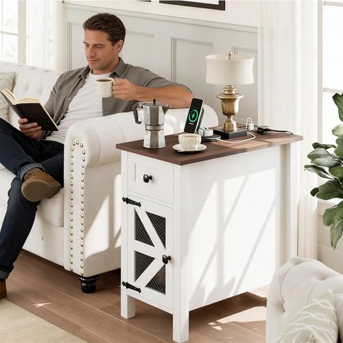 Farmhouse End Table with Charging Station, Narrow Side Tables with Storage | Modern Wooden Nightstand with Power Outlets&USB Ports,White Bedsid Table for Living Room,Bedroom,Metal Grille Door