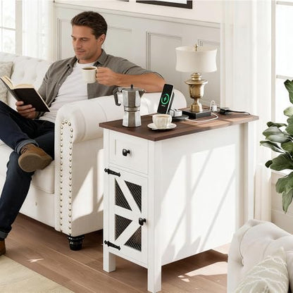 Farmhouse End Table with Charging Station, Narrow Side Tables with Storage | Modern Wooden Nightstand with Power Outlets&USB Ports,White Bedsid Table for Living Room,Bedroom,Metal Grille Door