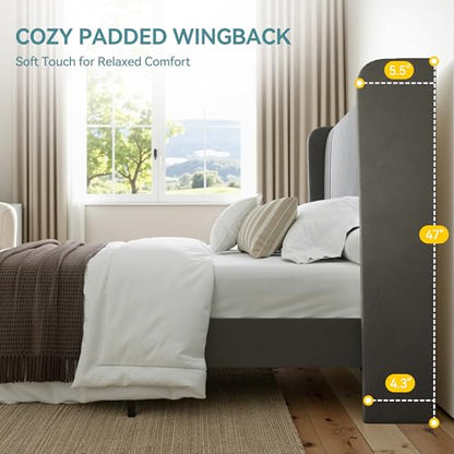 Full Size Modern Upholstered Velvet Bed Frame with Vertical-Striped Wingback Headboard, Under Storage Space, Noise Free, Easy Assembly, Grey