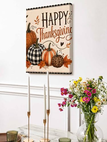 NuYeBiofx Happy Thanksgving Words Canvas Wall Art Prints,30"x20" Framed Picture Artwork Leopard Patterned Pumpkin Printed Canvas Oil Painting for Living Room Bedroom Office,Ready to Hang