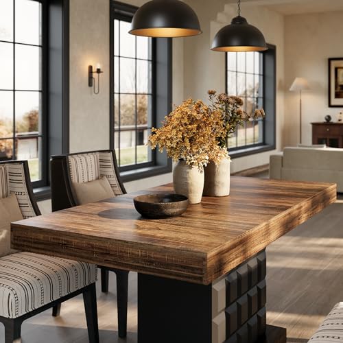63" Modern Dining Table, Rectangular Dinner Table for 4-6, Farmhouse Kitchen Table, Sturdy Wood Pedestal Base for Kitchen/Dining Room, Rustic Brown & Black