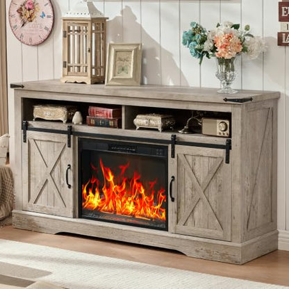 58" Fireplace TV Stand for TV up to 65 Inch with Farmhouse Sliding Barn Doors, view 2