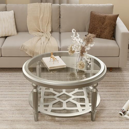 32" Round Glass Coffee Table with Storage, 2-Tier Modern Champagne Center Table for Living Room, Elegant Clear Glass Top Accent Table with Pine Wood Frame, Simple Home Office Furniture