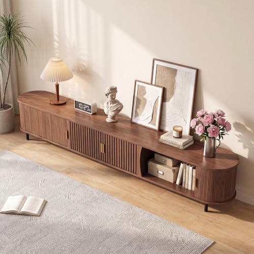 110.25" TV Stand with Sliding Cabinets, Walnut Media Console with Storage, view 4