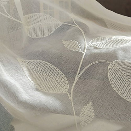 White Sheer Curtains 84 inches Long Leaves Embroidered Window Curtain Sheer Voile Panels for Living Room & Bedroom, 54x84, Two Panels