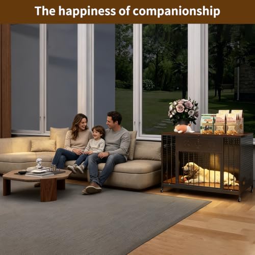 31.5" Iron Pegboard Dog Crate Furniture with Wooden Top &Remote RGB Light, view 4