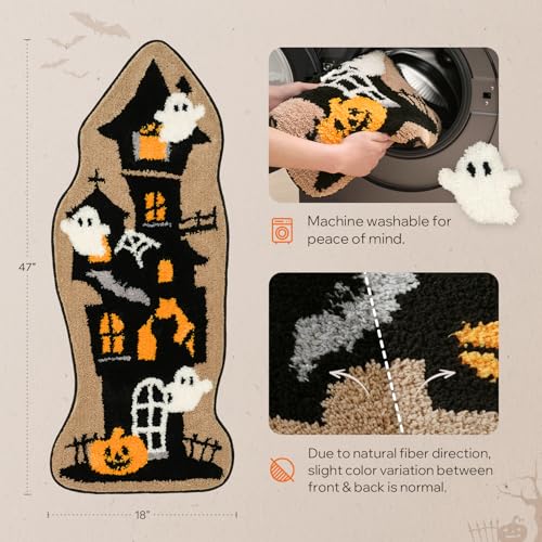 Happy Halloween Rug Haunted House Shaped Area Rug, Soft Tufted Floor Mat for Front Door, Non-Slip Decorative Rug Gothic Halloween Doormat for Living Room Bathroom, Black, 18 x 47 inches