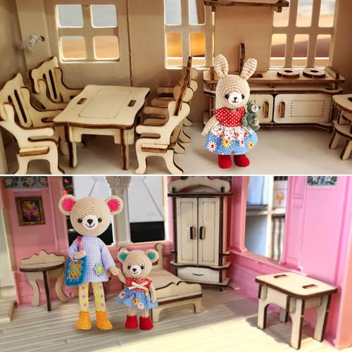 34 PCS DIY Wooden Dollhouse Furniture Set, 1:20 Scale Miniature Room Accessories for Kitchen Living Room Bathroom for DIY Crafts Project