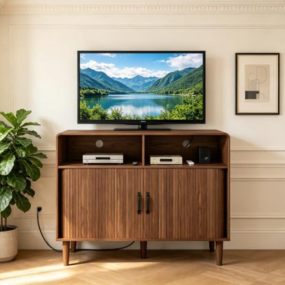 Fluted TV Stand with Storage Cabinets Media Console Table for Bedroom, view 2