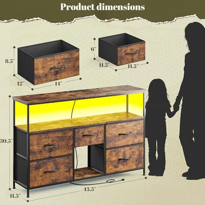 TV Stand for 45/50" TVs, 5 Drawers & LED Lights & Power Outlets | Strong Metal Frame for Stability, Spacious Shelves Display Collections & Keep Organized, Dresser for Bedroom & Studio, Brown