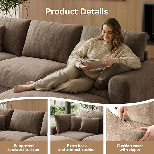 110” Cloud Sectional Couches for Living Room, Modular Sectional Sofa with Deep Seat, Convertible L-Shape Couch with Storage Ottoman for Bedroom Apartment, Chenille (Brown)