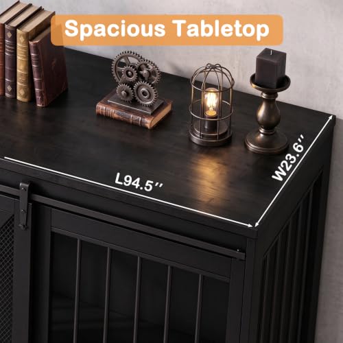 94.5in Double Dog Crate Furniture, Farmhouse Dog Kennel TV Stand, Black, view 6